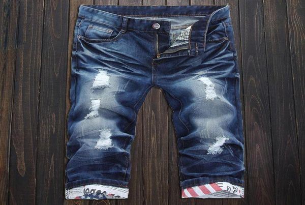 

mens jeans spring summer cotton thin ripped holes slim cropped trousers pants pocket zipper scratch denim straight shorts men0395957220, Blue