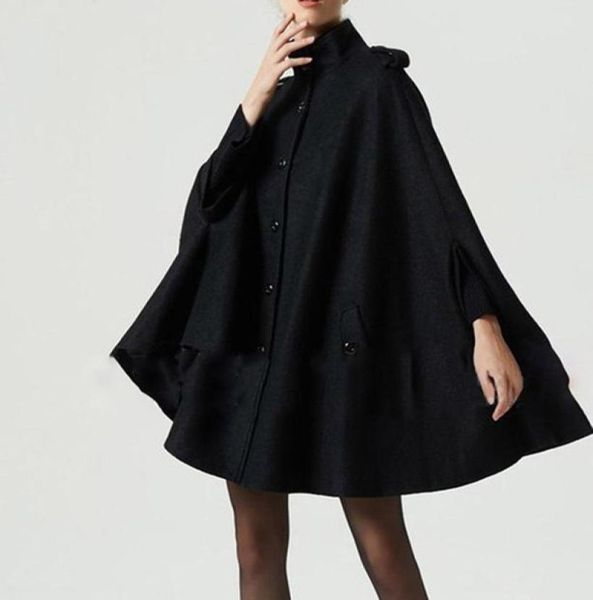 

gothic women wool cape coats button loose casual outerwear high street stylish autumn winter warm overcoat female black coat7080049