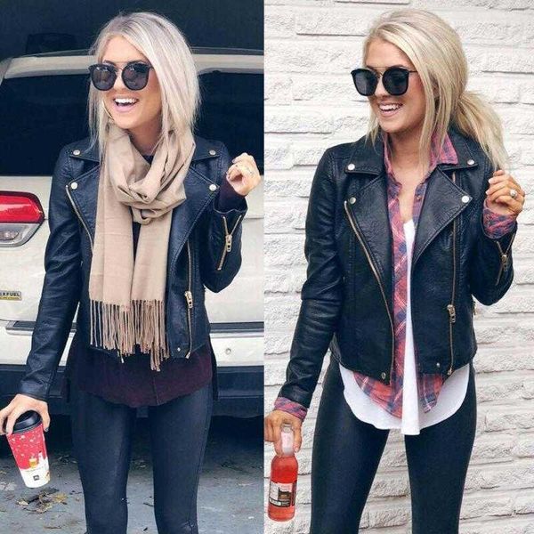 

womens leather jacket motorcycle biker zipper coat winter outwear casual fashion style jacket for women, Black;brown