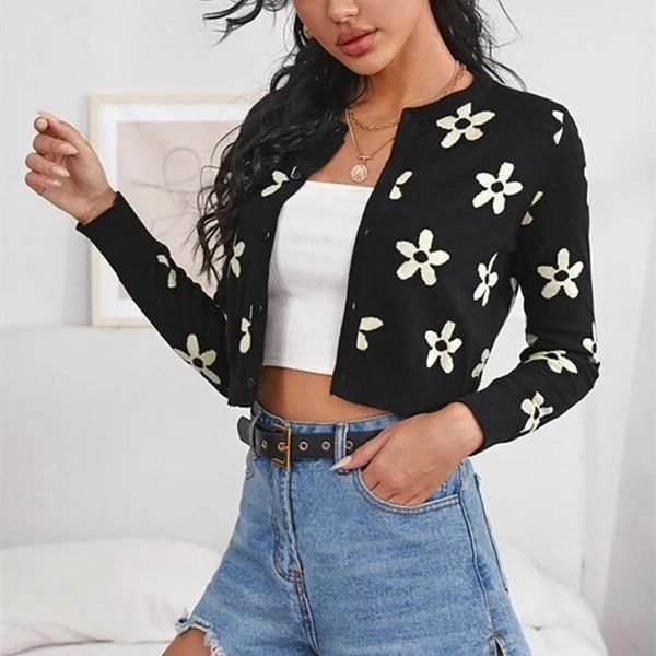 

women's knits tees y2k cardigan sweaters long sleeve open front cropped flower knit aesthetic 90s shrug outfits 230817, White