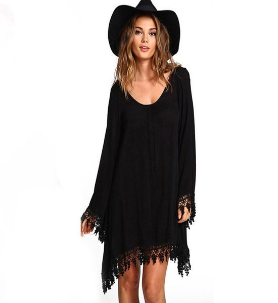

women ladies casual loose long sleeve tassel black party dress vestidos summer boho beach maxi sun dresses plus size9165186, Black;gray