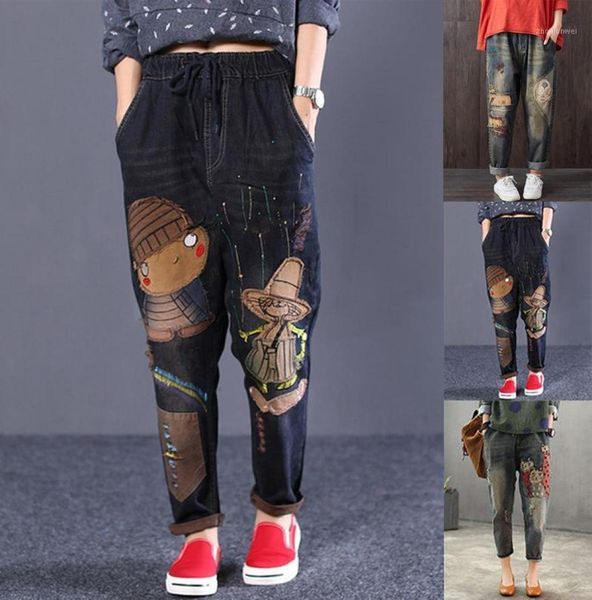 

women039s jeans woman high waisted vintage loose jean autumn streetwear casual retro cartoon print hole denim pants trousers 204232487, Blue