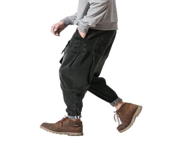 

men039s pants 2021 chinese style harem men m5xl drop denim mens joggers retro washed loose waist jeans5146027, Black