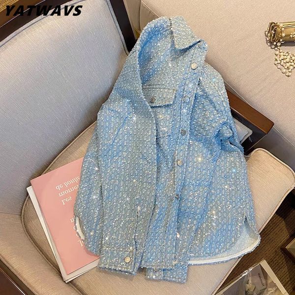 

womens jackets korean shiny sequins jean jacket women denim female vintage loose frayed coat girls casual outwear lady 230818, Black;brown
