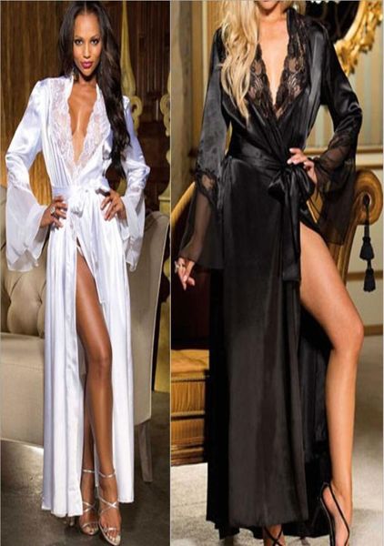 

silk robes for women lace satin long dressing night robes sleepwear lingerie female kimono belt night dress nigh9569612, Black;red