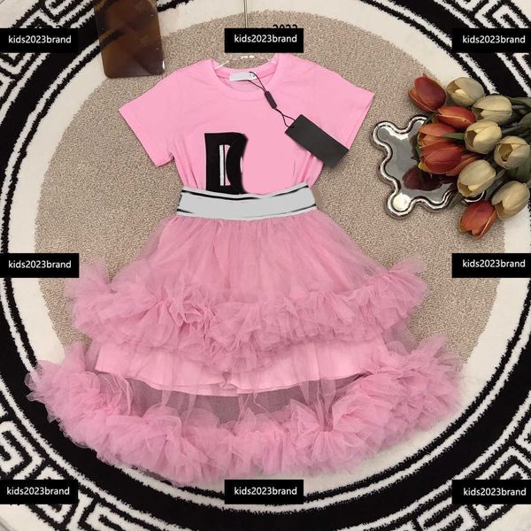 

kids clothes child sets baby summer tracksuit outdoor 2pcs pure cotton round neck t-shirt and oversized hem mesh cake skirt, White
