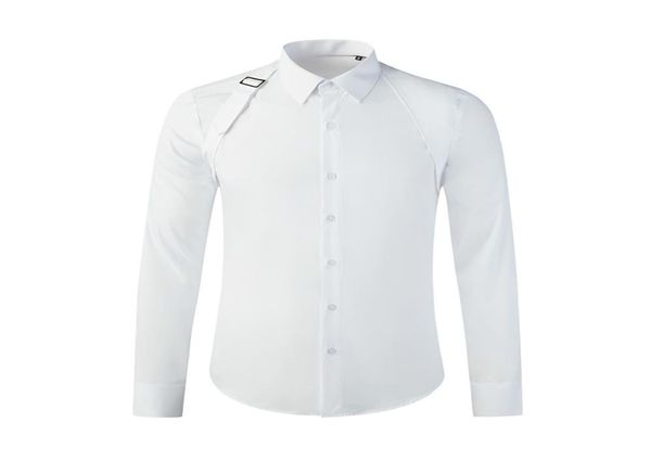 

brand business metal buckle ribbon over the shoulder men shirt long sleeve slim chemise homme highend male dress shirts8398111, White;black