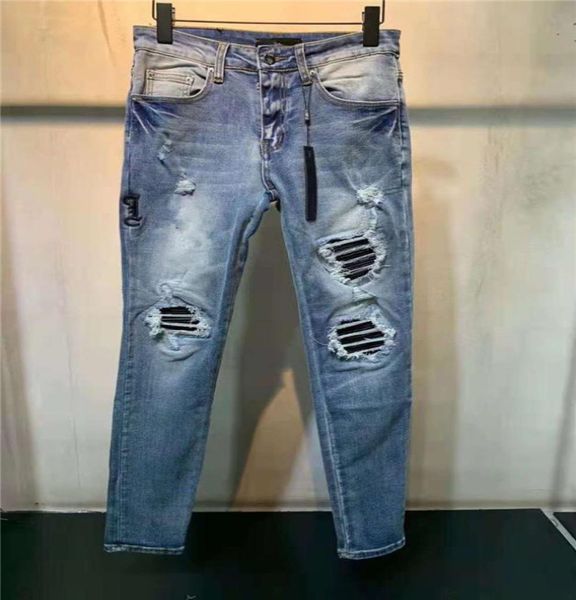 

mens designer jeans ripped blue stripe vintage style hole fashion pant slimleg motorcycle biker causal hip hop pants w28w409686143