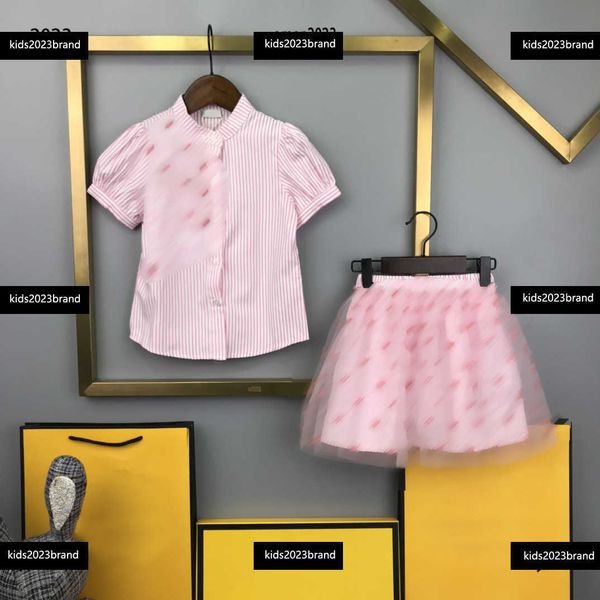 

tracksuits kids clothes child sets baby short sleeved shirt set 2pcs lapel t-shirt and mesh double layer design short skirt, White