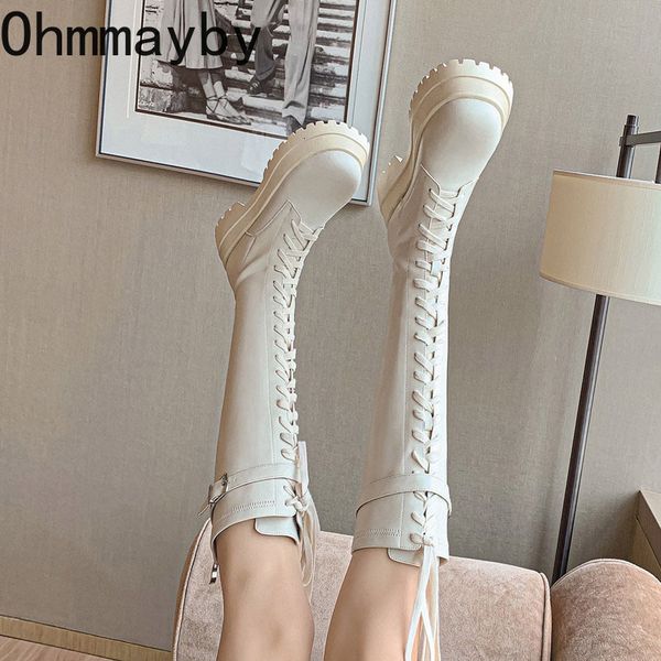 

boots winter women knee high fashion lace up thick bottom shoes ladies elegant long knight 230818, Black