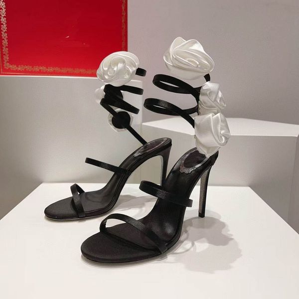 

luxury renes rc rose flower woman sandals embellished black satin snake strass stiletto heels women's high heeled luxury designers ankl