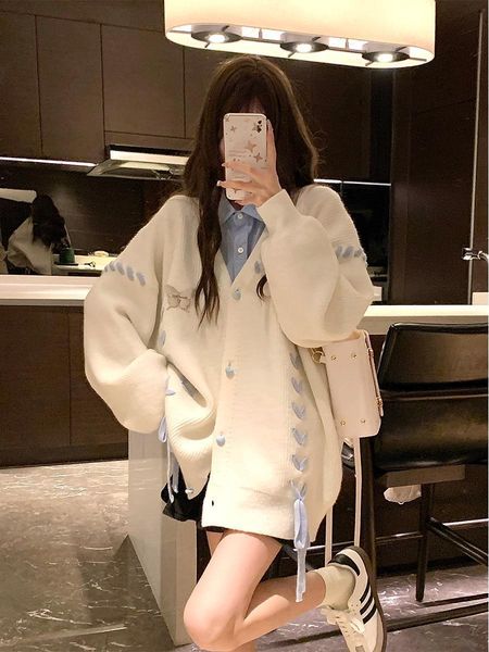 

womens knits tees knit cardigan woman sweet girl knitting sweater lazy college style loose sleeve harajuku jk uniform kawaii coat 230818, White