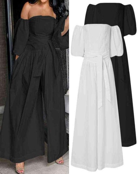 

women039s puff sleeve jumpsuits 2022 zanzea stylish summer overalls belted off shoulder rompers female wide leg pants y2205117490241, Black;white