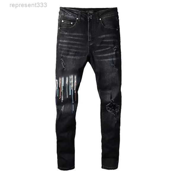 

classic printed embroidery designer mens jeans motorcycle hole luxury denim men's fashion street wear men pants 63vc, Blue