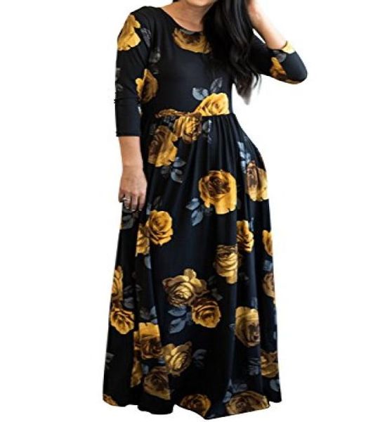 

mitilly women039s floral print 34 sleeve pockets casual swing pleated long maxi dress1291625, Black;gray