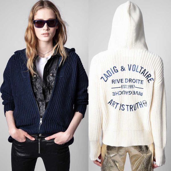 

zadig voltaire women's designer hoodie 23 knitted sweaters zv loose cashmere classic letter embroidery zipper cardigan hooded sweater w, White