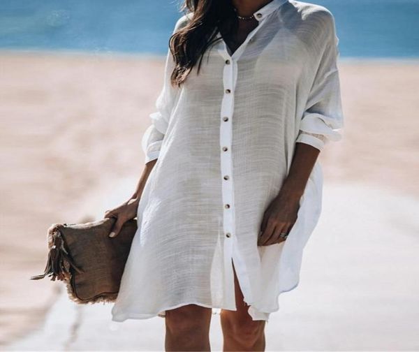 

2020 cotton shirt style beach wear cover ups women sunscreen long sleeve bikini coverups swimwear loose white beach dress tunic5798580, White;black