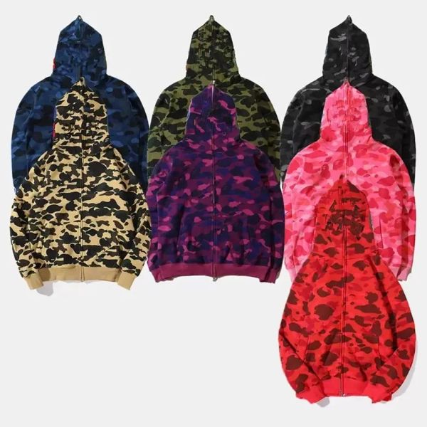 

shark hoodie designer camo full zip up jacket men women luminous classic camouflage ape hooded jackets couple long sleeve tech fleece design, Black