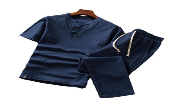 

summer men039s shortsleeved suit 5xl cotton linen mens twopiece set fashion casual man loose and comfortable drawstring pants2855880, Gray