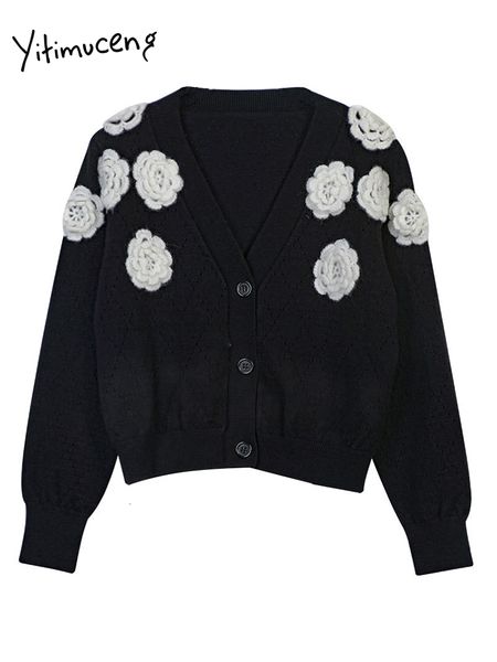 

womens knits tees yitimuceng contrast color knitted cardigan for women fashion v neck single breasted sweater elegant loose casual coats 230, White
