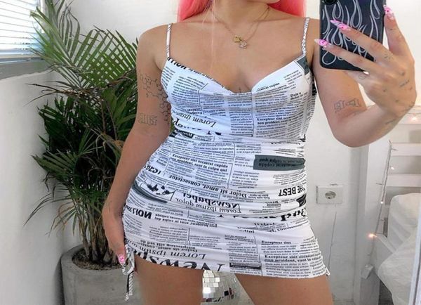 

women backless newspaper print dress summer fashion sleeveless drawstring short dress for women ladies6654112, Black;gray