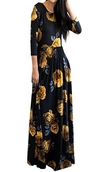 

mitilly women039s floral print 34 sleeve pockets casual swing pleated long maxi dress5231173, Black;gray
