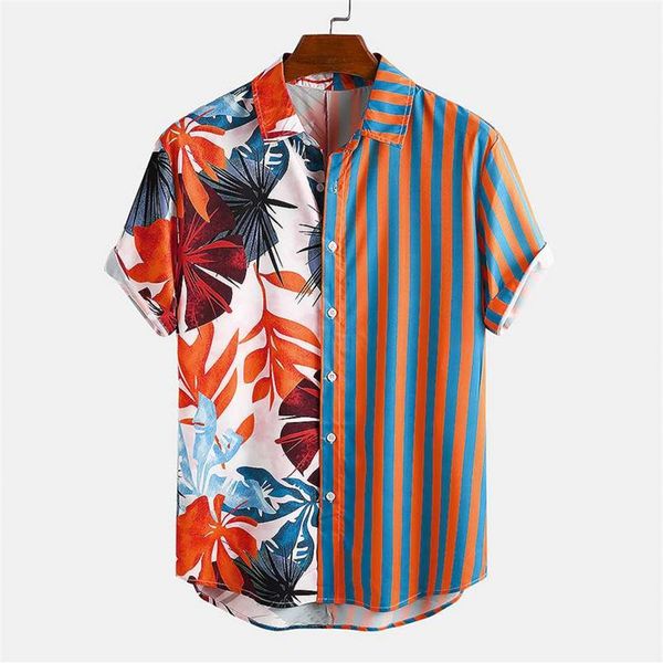 

fashion men hawaiian shirt 2020 short sleeve print striped patchwork chic streetwear summer vacation beach camisas incerun265m, White;black