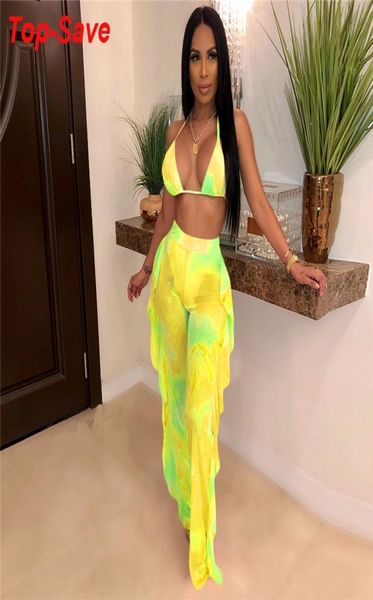 

summer new arrival mesh ruffles bikini women sets high waist wide leg pants bohemian beach printed casual matching sets3408234, White
