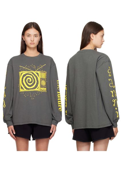 

23aw ganni women desginer t shirt volcanic gray spell yellow tv printed embroidered cotton round neck long sleeve base shirt fashion top, Black