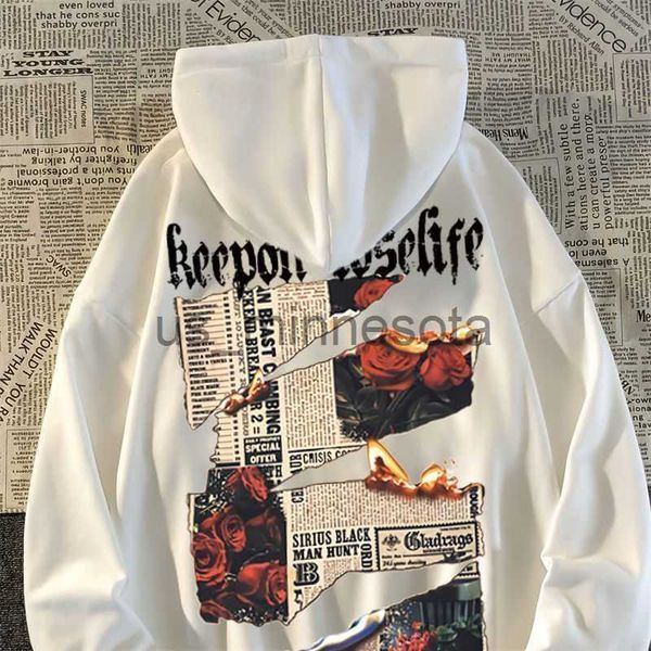

mens hoodies sweatshirts high street hip hop rose newspaper printing design hoodie women 2022 loose casual thickened pullover hoodie winter, Black