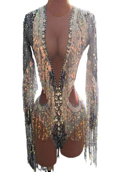 

stage wear sparkly rhines sequin fringes bodysuit stretch long sleeve dance leotard nightclub singer costume party show wearstage8984226, Black;red