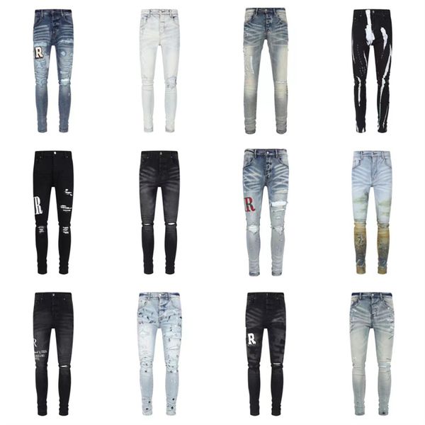 

2023 designer jeans stack european ripped jean men embroidery quilting fold ing men design motorcycle riding cool slim pant purple635, Blue