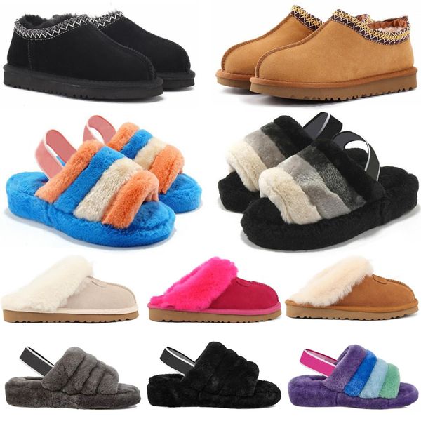 

tasman slippers chestnut fur slides sheepskin shearling tazz new mules women men ultra platform boot slip-on shoes suede upper fall winter u, Black