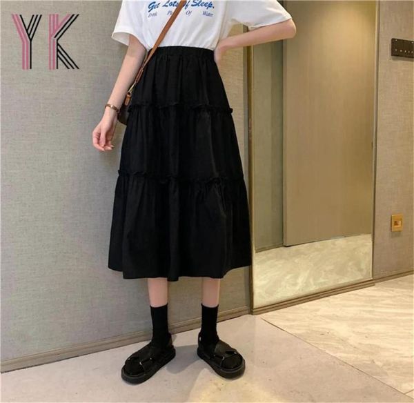 

skirts wood ear trim stitching white pleated long cake skirt summer black fashion kawaii harajuku midi aline korean wild saia9206693