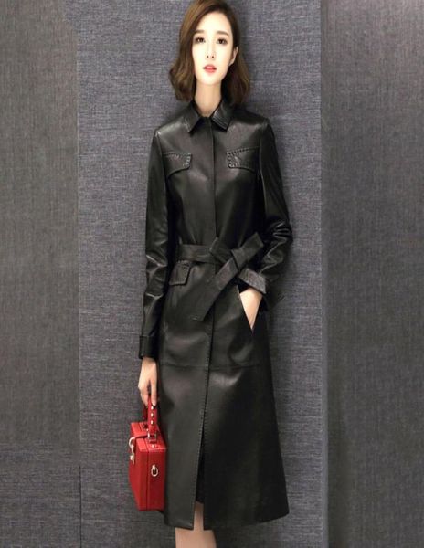 

real sheepskin women long leather coat jacket exquisite with waist belt f490 black elegant leather trench coat9394362