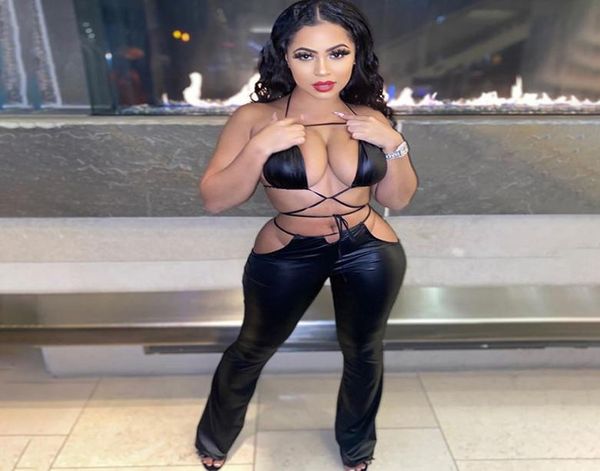 

wind 2021jumpsuits winter club wear hollow bandage open back imitation leather casual pants set jumpsuits for women4226592, Black;white