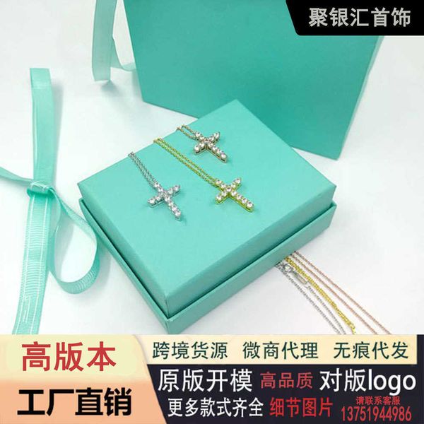 

brand tiffay tiff925 silver v gold material fashion versatile temperament light luxury cross pendant necklace, Black