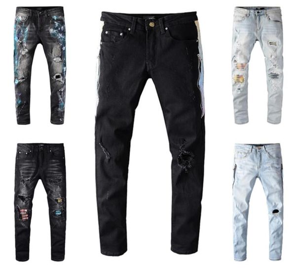 

men skinny denim designers jeans motorcycle biker ripped distressed holes waist classic washed hip hop pants asian size 283437012, Blue