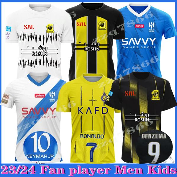 

ronaldo neymar jr 23 24 al hilal nassr fc soccer jerseys ittihad benzema fans player version mane fotana neves konan kante al-ittihad 2023 2, Black;yellow