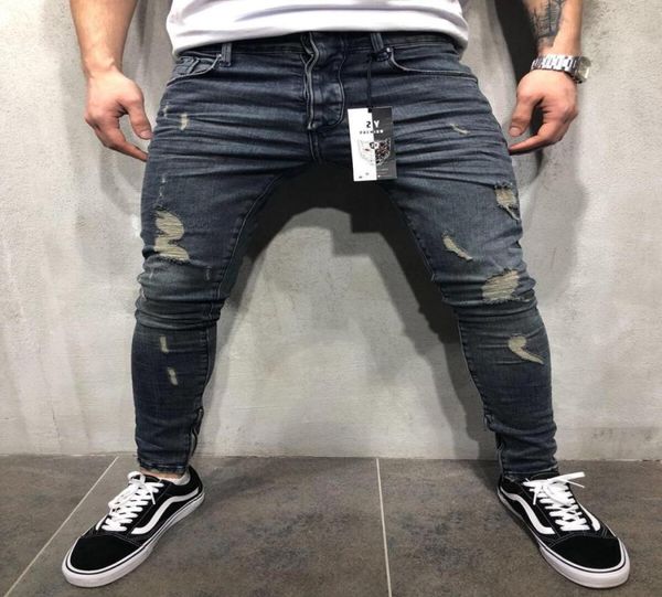 

fashion mens jeans mens stylist distressed zipper hole slim denim pants mens skinny biker jeans9199729, Blue