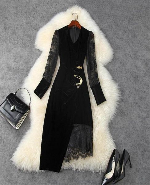 

elegant lady vestidos 2021 fashion runway designers long sleeve lace patchwork party black velvet dress women autumn casual d7572011, Black;gray
