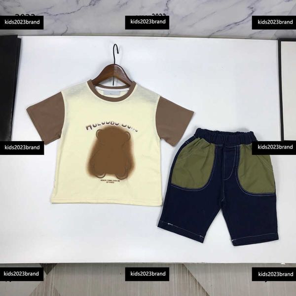 

outdoor tracksuits child sets summer baby clothes 2pcs cute animal printed t-shirt and patchwork pocket design denim shorts, White