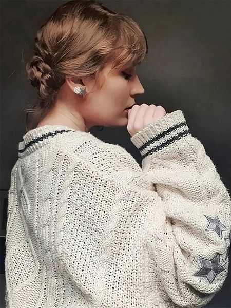 

womens knits tees tay cardigan with stars embroidered lor button up chunky cable knitted sweater thick and warm swif t folklore 230818, White