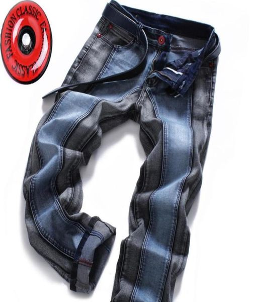 

2020 color block men039s jeans pants slim straight fashion brands rock elastic designer jeans for men3392007, Blue