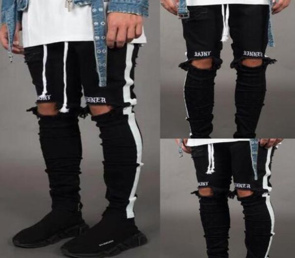 

mens jeans pants casual skinny white side jeans hip hop broken zipper nightclub pants street style black and white5957145, Blue
