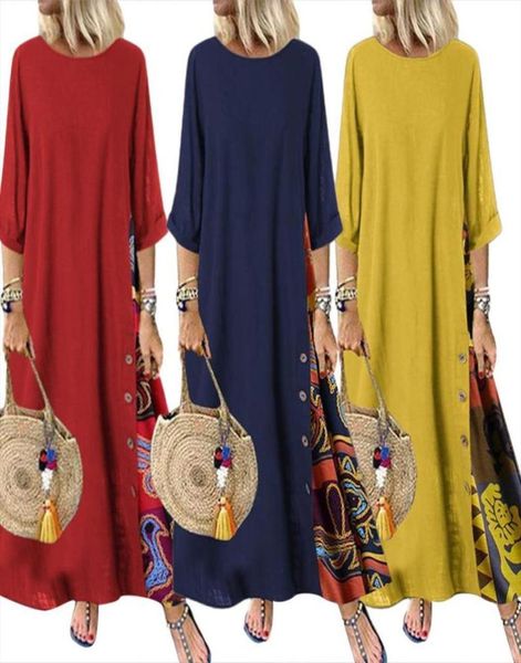 

80 sell off casual dresses plus size women vintage o neck 3 4 sleeve side buttons printed loose long dress4786845, Black;gray