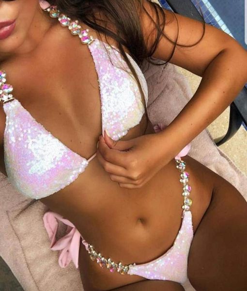 

shiny crystal rhine bikini female bandeau swimsuit women halter swimwear diamond bikinis set push up bathing suit6154330, White;black