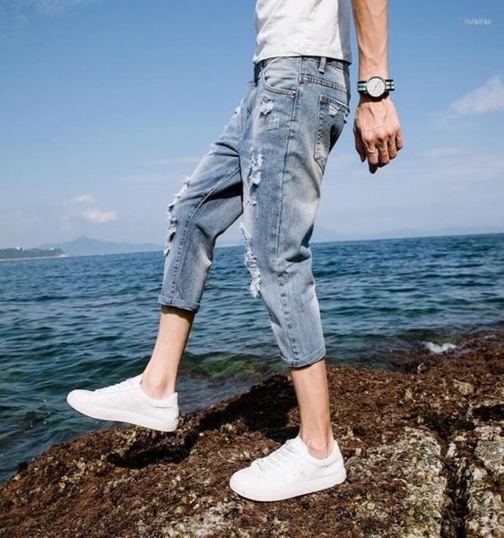 

men039s jeans whole 2022 fashion cropped pants men39s summer thin section slim korean loose hole beggar denim shorts men4879945, Blue