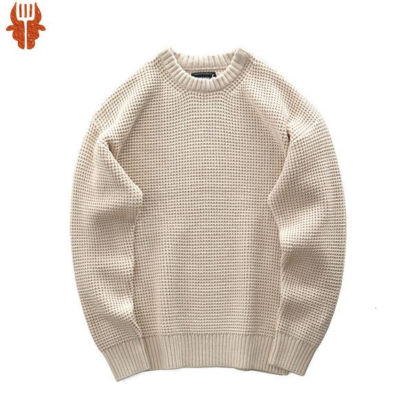 

men's tracksuits vintage waffle knitted sweater men autumn winter thick khaki round neck loose long sleeve retro casual pullover 23081, Gray