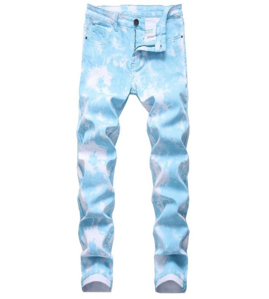 

hip hop street boys wear color stretch denim jeans casual fashion mens skinny straight cowboys trousers slim printed long pants4574031, Blue